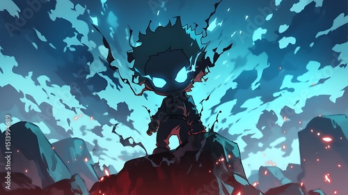 Chibi villain on rock, colorful anime style