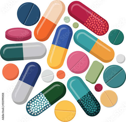 Colorful Cartoon Pills and Capsules Illustration on White Background Promoting Health and Medicine.