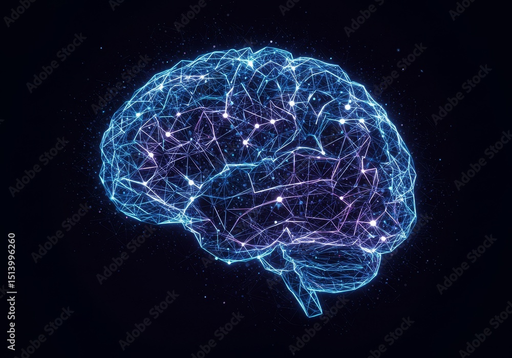 Brain Network - Abstract glowing blue and purple brain illustration, representing neural connections and intelligence Brain Network - Abstract glowing blue and purple brain illustration, representing neural connections and intelligence