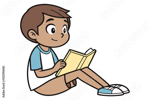 Kid Reading Book Sitting Pose Line Drawing