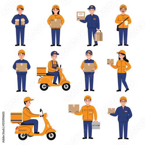 Delivery service workers flat vector illustrations set. Couriers, postman, deliveryman with order, parcel cartoon characters isolated on white background