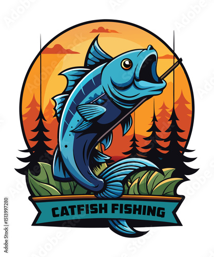 Epic Catfish Fishing Sunset Angling Adventure Illustration