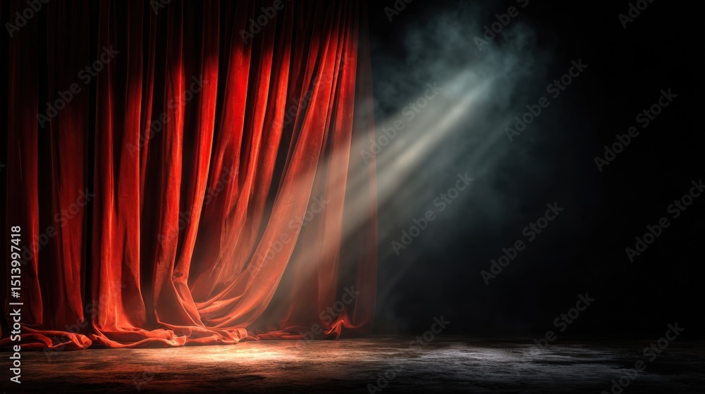 Dramatic red theater curtain bathed in spotlight, evoking anticipation and grandeur on stage Dramatic red theater curtain bathed in spotlight, evoking anticipation and grandeur on stage