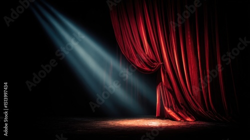 Dramatic red theater curtain bathed in spotlight, evoking anticipation and grandeur on stage