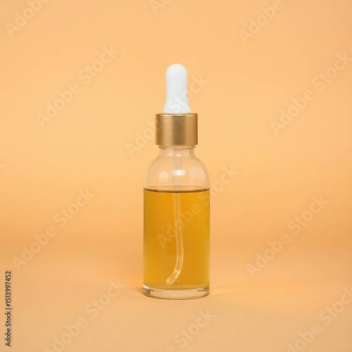 Clear glass dropper bottle with amber liquid against a peach background