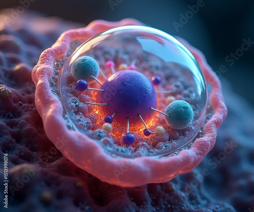 A close up of a Microscopic View of a Single Cell with Detailed Organelles 