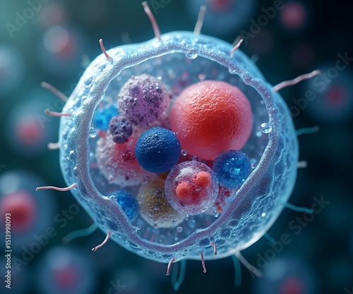  Microscopic View of a Single Cell with Detailed Organelles and Vibrant Colours