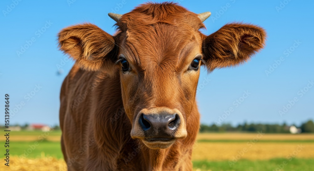 Young Brown Calf in a Field - Close-up of a young brown calf looking directly at the camera in a sunny field Young Brown Calf in a Field - Close-up of a young brown calf looking directly at the camera in a sunny field