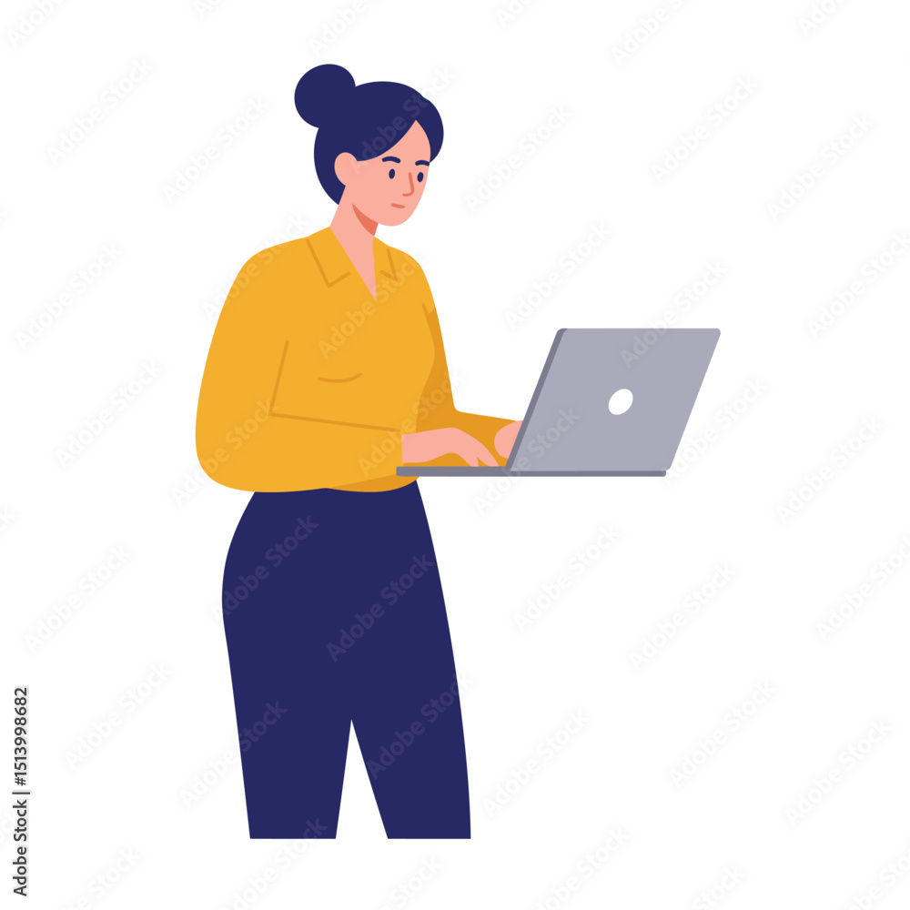 working at her desk at home. She has a lot of work. working with laptop at her work desk and testing ui and ux. Vector illustration of student studying at home. working at her desk at home. She has a lot of work. working with laptop at her work desk and testing ui and ux. Vector illustration of student studying at home.