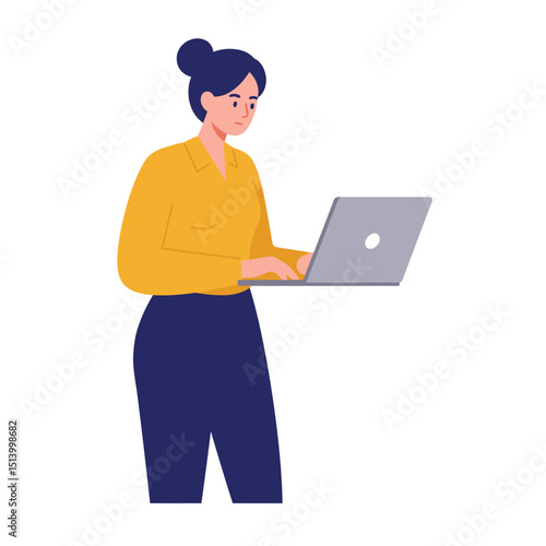 working at her desk at home. She has a lot of work. working with laptop at her work desk and testing ui and ux. Vector illustration of student studying at home.