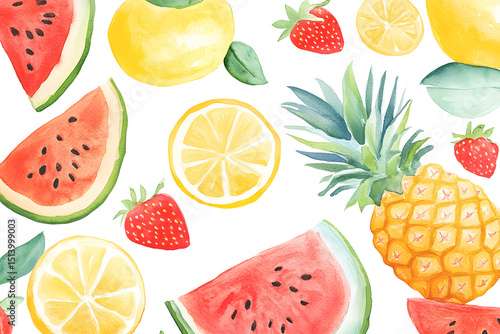 Watercolor Summer Fruits Pattern with Pineapples, Watermelons, and Strawberries