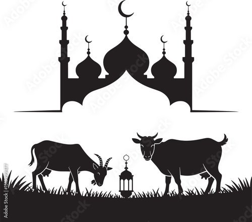 Eid Al Adha Sacrifice Animals Mosque Silhouette Illustration
