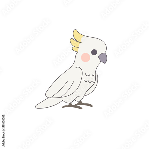 White Cackatoo Parrot Bird Cartoon Character. Funny Cute Doodle Bird Icon. Exotic Mascot Outline Design. Baby Kid Nursery Room Decoration. Positive Kawaii Adorable Cartoon Character Portrait