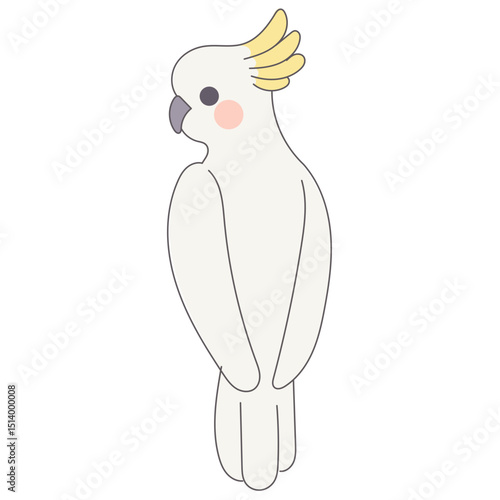 White Cackatoo Parrot Bird Cartoon Character. Funny Cute Doodle Bird Icon. Exotic Mascot Outline Design. Baby Kid Nursery Room Decoration. Positive Kawaii Adorable Cartoon Character Portrait