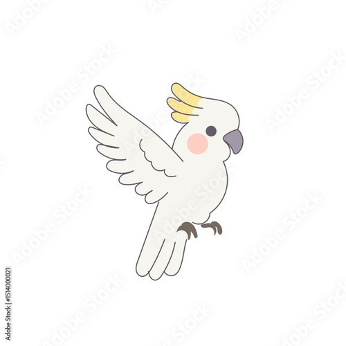 White Cackatoo Parrot Bird Cartoon Character. Funny Cute Doodle Bird Icon. Exotic Mascot Outline Design. Baby Kid Nursery Room Decoration. Positive Kawaii Adorable Cartoon Character Portrait