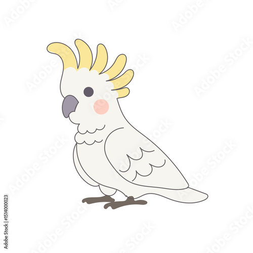 White Cackatoo Parrot Bird Cartoon Character. Funny Cute Doodle Bird Icon. Exotic Mascot Outline Design. Baby Kid Nursery Room Decoration. Positive Kawaii Adorable Cartoon Character Portrait