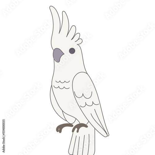 White Cackatoo Parrot Bird Cartoon Character. Funny Cute Doodle Bird Icon. Exotic Mascot Outline Design. Baby Kid Nursery Room Decoration. Positive Kawaii Adorable Cartoon Character Portrait