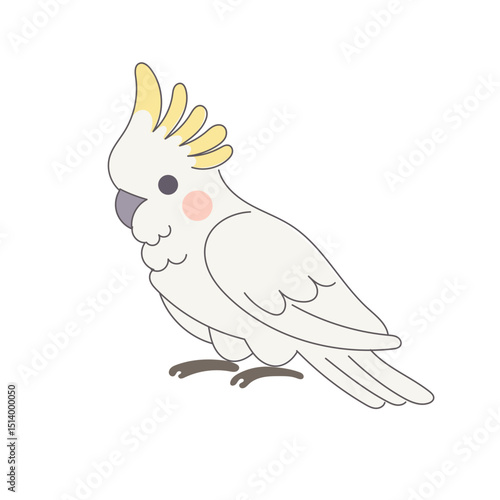 White Cackatoo Parrot Bird Cartoon Character. Funny Cute Doodle Bird Icon. Exotic Mascot Outline Design. Baby Kid Nursery Room Decoration. Positive Kawaii Adorable Cartoon Character Portrait
