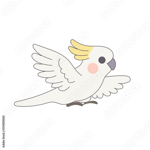 White Cackatoo Parrot Bird Cartoon Character. Funny Cute Doodle Bird Icon. Exotic Mascot Outline Design. Baby Kid Nursery Room Decoration. Positive Kawaii Adorable Cartoon Character Portrait