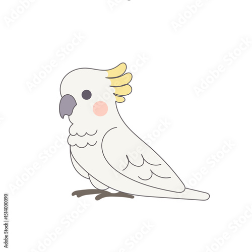 White Cackatoo Parrot Bird Cartoon Character. Funny Cute Doodle Bird Icon. Exotic Mascot Outline Design. Baby Kid Nursery Room Decoration. Positive Kawaii Adorable Cartoon Character Portrait