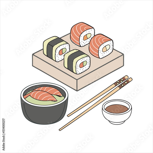Vector illustration of traditional asian food, serving sushi on board. Collection of 3d seafood icons, japanese cuisine. Set of rolls with rice, fish, salmon, avocado and seaweed