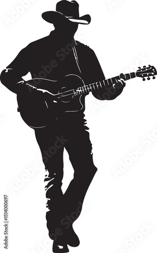Cowboy Playing Guitar Silhouette Vector Illustration on Transparent Background