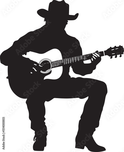 Cowboy Playing Guitar Silhouette Vector Illustration on Transparent Background
