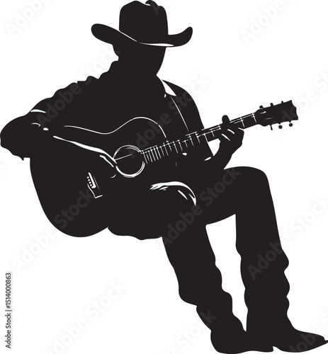 Cowboy Playing Guitar Silhouette Vector Illustration on Transparent Background