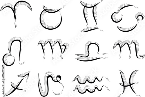 black color abstract line art astrology zodiac brush stroke signs