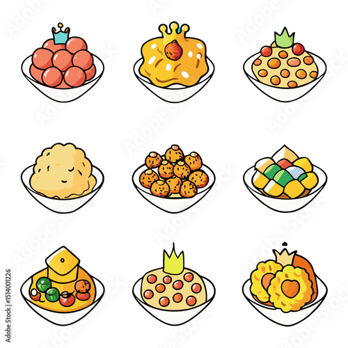 Assorted Dessert and Food Bowls Cartoon