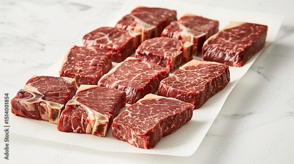 Fototapeta premium Diagonal layout of raw ribeye cuts on bright white surface, detailed marbling and soft shadows create a clean yet textural culinary flat lay