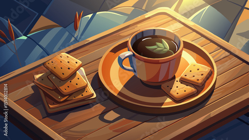 From above of ceramic cup of tasty coffee near crunchy crackers on wooden plate in cafe in sunlight