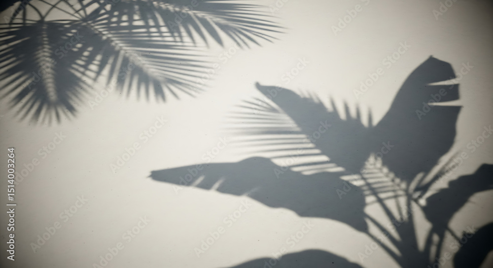 Obraz premium Dark silhouettes of palm and tropical leaves create intriguing shadow patterns on a white wall, adding a touch of nature’s beauty to the tranquil indoor atmosphere.