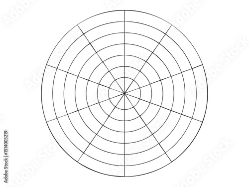 Black outline radar chart template with concentric circles and radial lines on white background. data visualization, target diagram, analysis grid, circular chart layout, Circular bullseye target