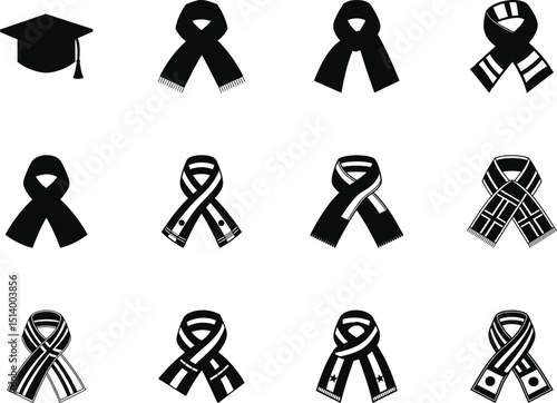 Academic cap sits alongside diverse scarfs tied in ribbons, all presented in black silhouettes