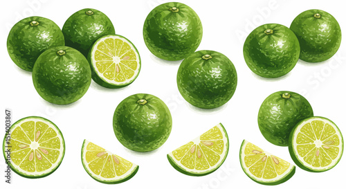 Vibrant Watercolor Illustration Presents Fresh Green Citrus Fruits Some Sliced To Reveal The Juicy Segments Arranged Artfully On A Clean White Background