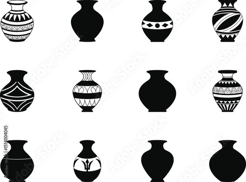Several decorative vases with varying patterns are shown on a white transparent background