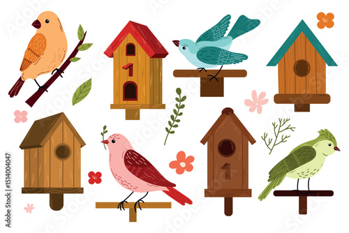 Small set of spring birds and birdhouses.Birdhouse with a bird, homemade nests, feeders and homes, for summer and spring birds. Cartoon cute colorful birdhouses collection, feeder on garden tree