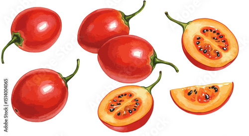 Watercolor Illustration Showcases Vibrant Tamarillo Fruits Whole And Halved Displaying Their Deep Red Skin And Orange Pulp With Dark Seeds On White Backdrop