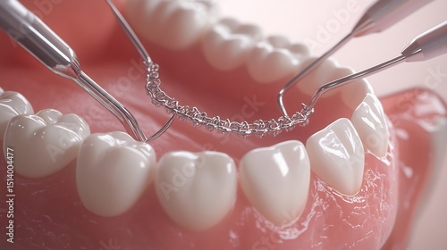 3d model of dental braces being placed on a patients teeth close up view showing brackets wires and orthodontic tools realistic rendering with soft lighting