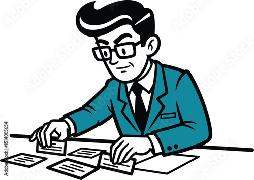 Retro Cartoon Businessman Organizing Cards at a Desk