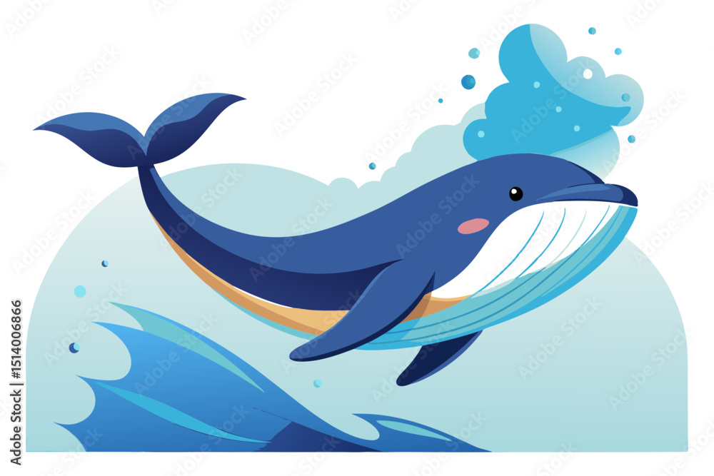 Fototapeta premium Cute Blue Whale Splashing Water Cartoon