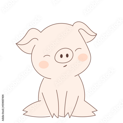 Cute Cartoon Pig Character Icon. Positive Kawaii Outline Piggy Farm Animal. Piglet Small Mascot Funny Positive Childish baby Shower or Birthday Party Decoration Illustration.
