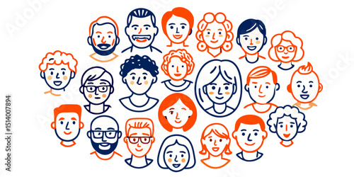 A diverse group of people illustrated in a circular arrangement, showcasing a variety of hairstyles, ages, and expressions, representing inclusivity and diversity in a community.