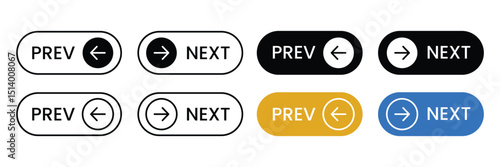 Next and previous button collection. Next, previous arrow signs, Previous, next web button symbol.
