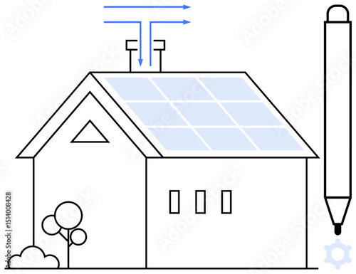 Solar-powered house panel with energy flow, vent pipes, and digital interface concept pen. Ideal for sustainability, technology, innovation, energy, architecture eco-living future planning. Flat