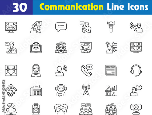 Communication icon set in modern line style. Includes chat, speaking, call center, discussion, global messaging, and online conversation icons for web, UI, and mobile apps.
