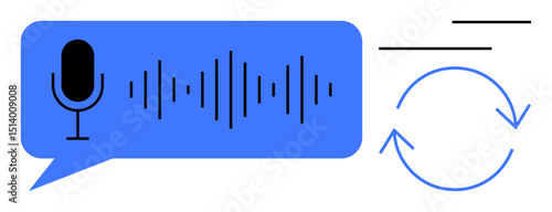 Microphone icon with sound waves inside speech bubble alongside circular arrows suggesting process repetition. Ideal for voice recognition, transcription, automation, AI, communication, technology