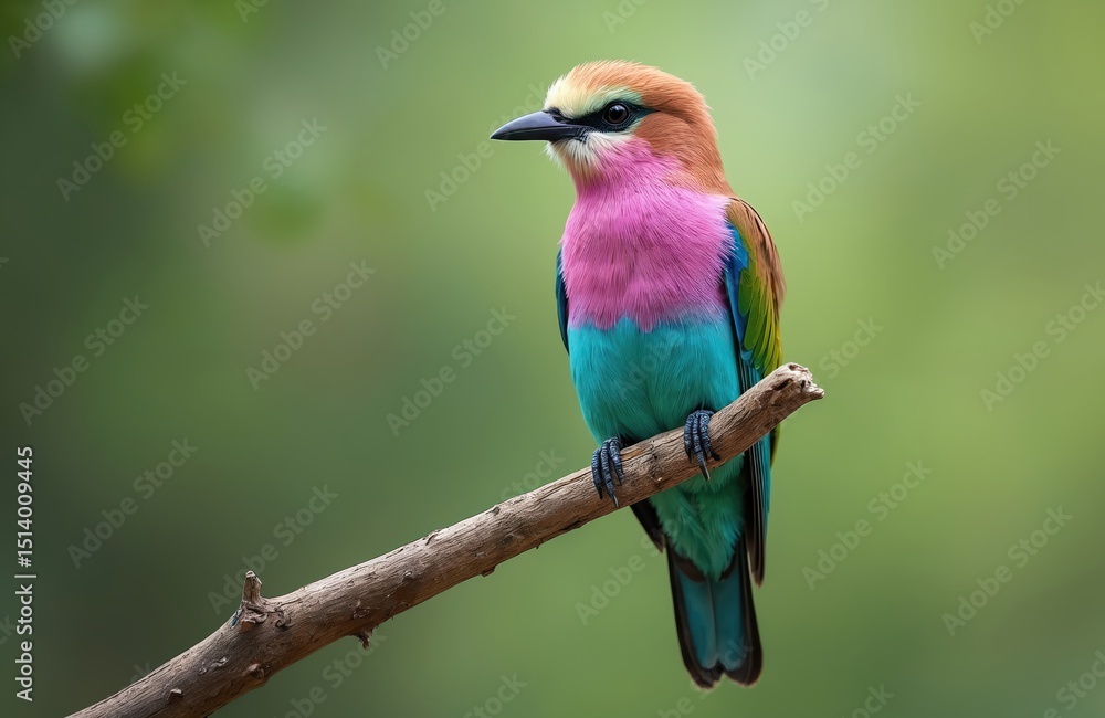 Fototapeta premium Vibrant lilac-breasted roller Coracias caudatus perched on branch. Beautiful African bird with colorful feather plumage in natural habitat. Green background, wildlife in the wild.