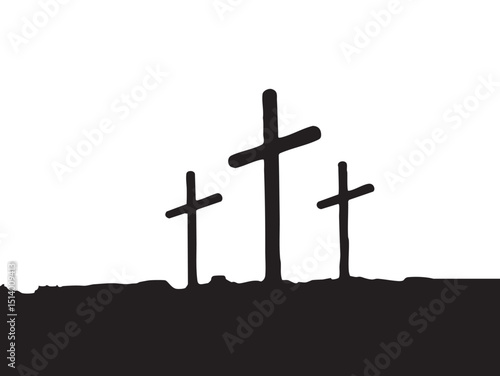 Three Christian Crosses on Hill Silhouette Isolated on White Background